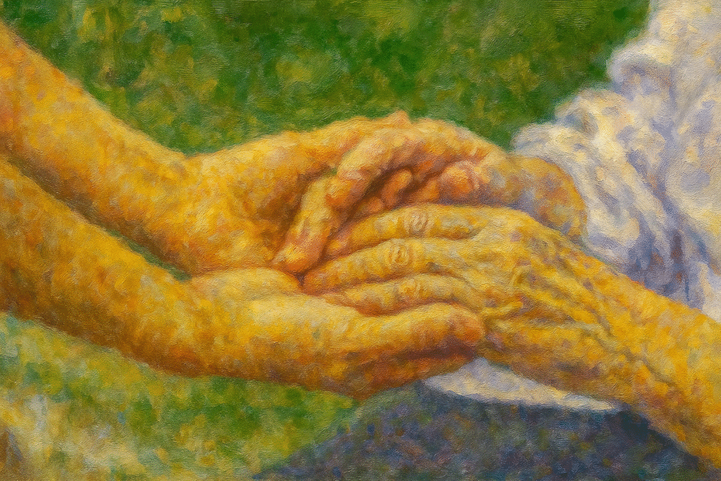 Hand of young adult and senior woman
