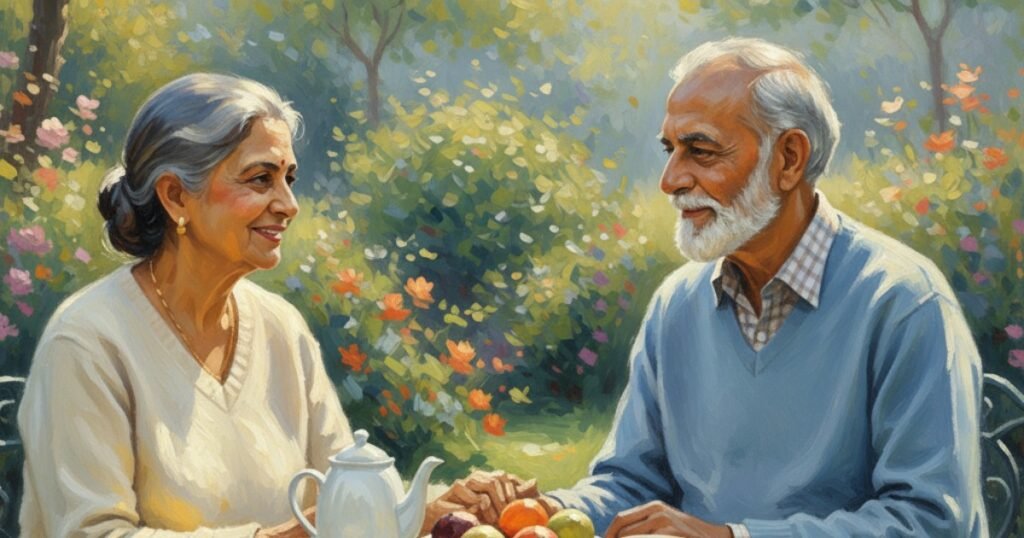 lose-up impressionist portrait of an Indian senior couple in cashmere sweaters, enjoying a peaceful breakfast and conversation in a vibrant, sunlit garden.