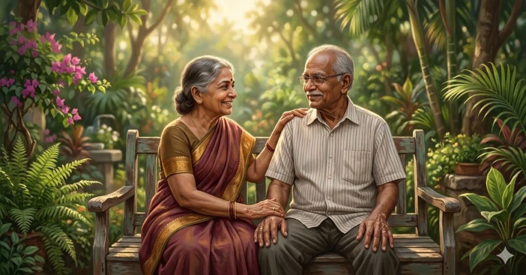 A realistic digital painting of an elderly Indian couple sitting together on a weathered wooden bench in a lush, tropical garden, with soft sunlight filtering through the trees.