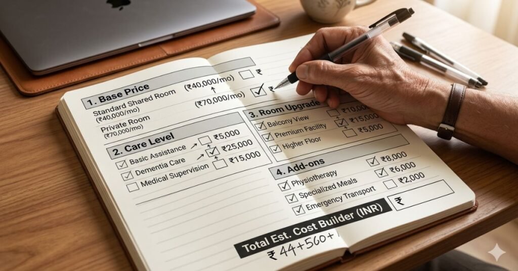 A close-up photograph of an open notebook sitting on a wooden desk. A person's hand is visible, holding a black pen and writing in the notebook. The notebook contains a hand-drawn, organized table titled "Total Est. Cost Builder (INR)" with sections for "1. Base Price," "2. Care Level," "3. Room Upgrade," and "4. Add-ons." Each section has list items, check boxes, and corresponding price amounts written in Indian Rupees (₹). Items such as "Standard Shared Room (₹40,000/mo)," "Dementia Care (₹25,000)," "Premium Facility (₹15,000)," and "Physiotherapy (₹8,000)" are clearly visible, with several boxes checked and prices marked. A laptop and a coffee cup are in the background on the desk.