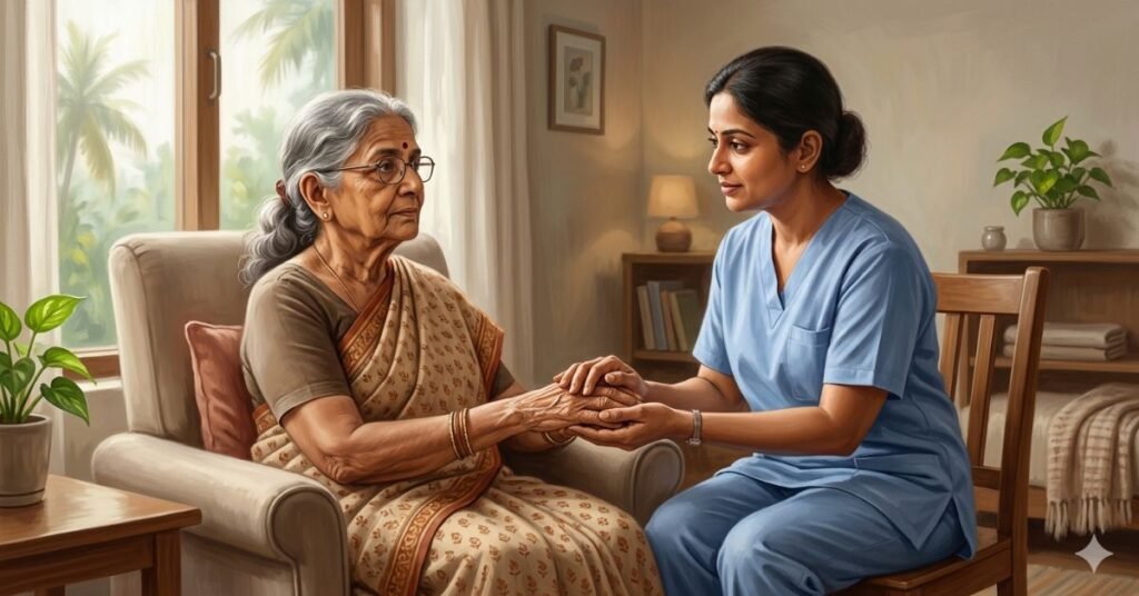 A realistic digital painting of an elderly Indian woman with grey hair and glasses, wearing a traditional beige patterned saree, sitting in a beige armchair near a window looking out onto palm trees. A young female caregiver in blue scrubs is kneeling beside her on a wooden chair, gently holding the older woman's hands in both of hers and looking at her with a compassionate, reassuring expression. The indoor setting is warm and homely with natural light.