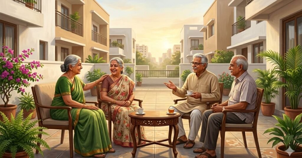 Four elderly Indian adults sitting together in a residential community courtyard, chatting over tea in a warm, relaxed setting.