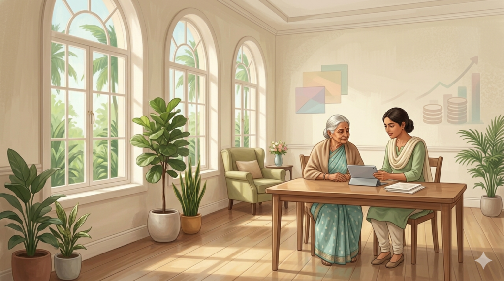 Elderly resident and caregiver discussing assisted living costs in a Bengaluru facility