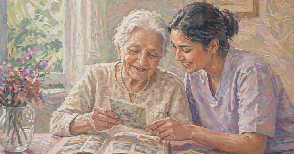 Elderly woman with caregiver looking at photo album in a soft, pastel-toned setting, illustrating reminiscence therapy and memory care for dementia patients in Bengaluru.