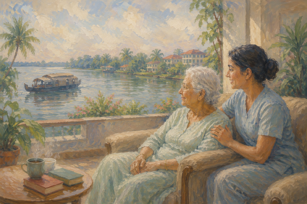 Impressionistic painting of an elderly woman relaxing with a caregiver on a balcony overlooking Kochi's backwaters, surrounded by tropical greenery, illustrating premium assisted living in Kochi.