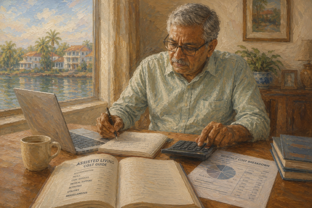 Illustration of an elderly man researching assisted living costs in Kochi using a laptop, calculator, notebook, and printed cost breakdown documents in a warm, home-like setting.