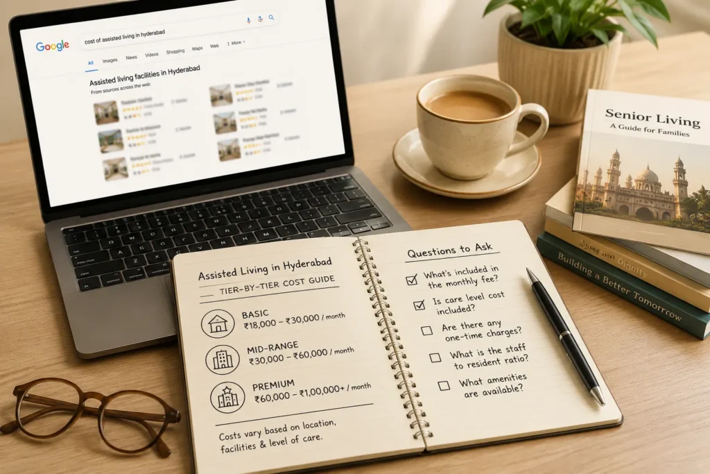 Cost of assisted living in Hyderabad research workspace featuring a laptop, notebook with pricing tiers, coffee cup, and senior living planning materials.