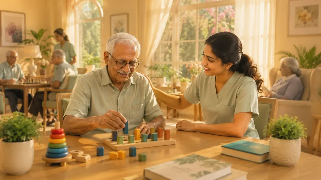 Senior participating in a cognitive therapy activity with a caregiver at a dementia care facility in Hyderabad, showcasing memory care, mental stimulation, and specialised dementia support for older adults.
