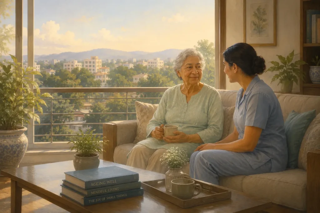 Senior citizen receiving personalized daily care and companionship in an assisted living facility setting in Pune.