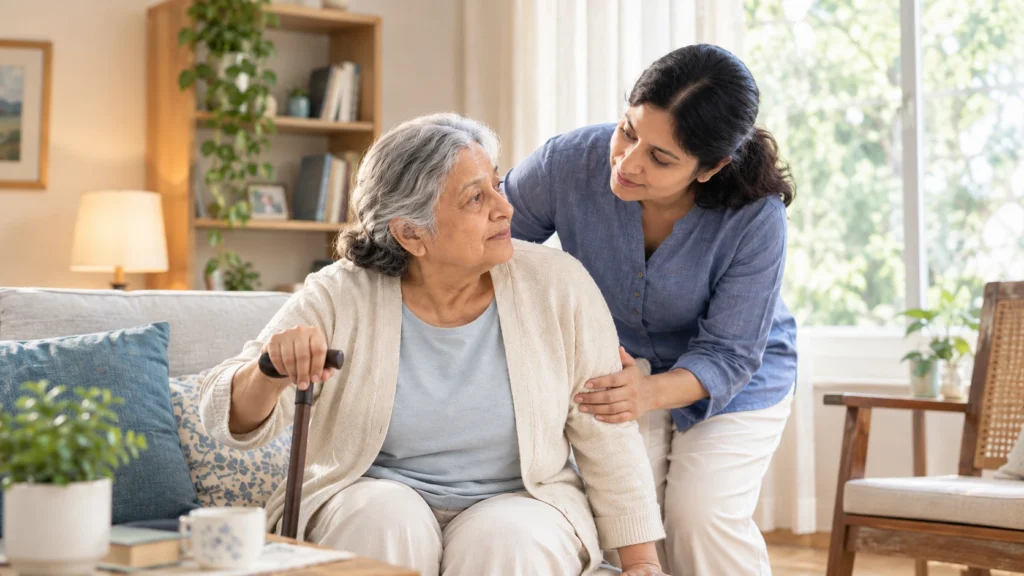 A female healthcare assistant gently placing a hand on an older woman's shoulder to offer comfort and balance support.