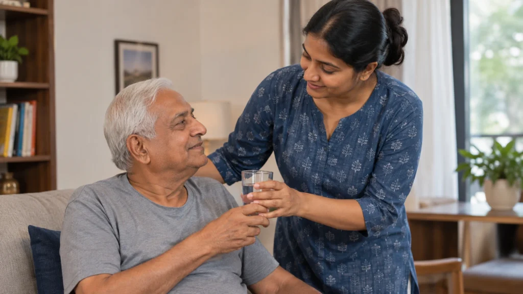A compassionate caregiver engaging attentively with a senior man at home.
