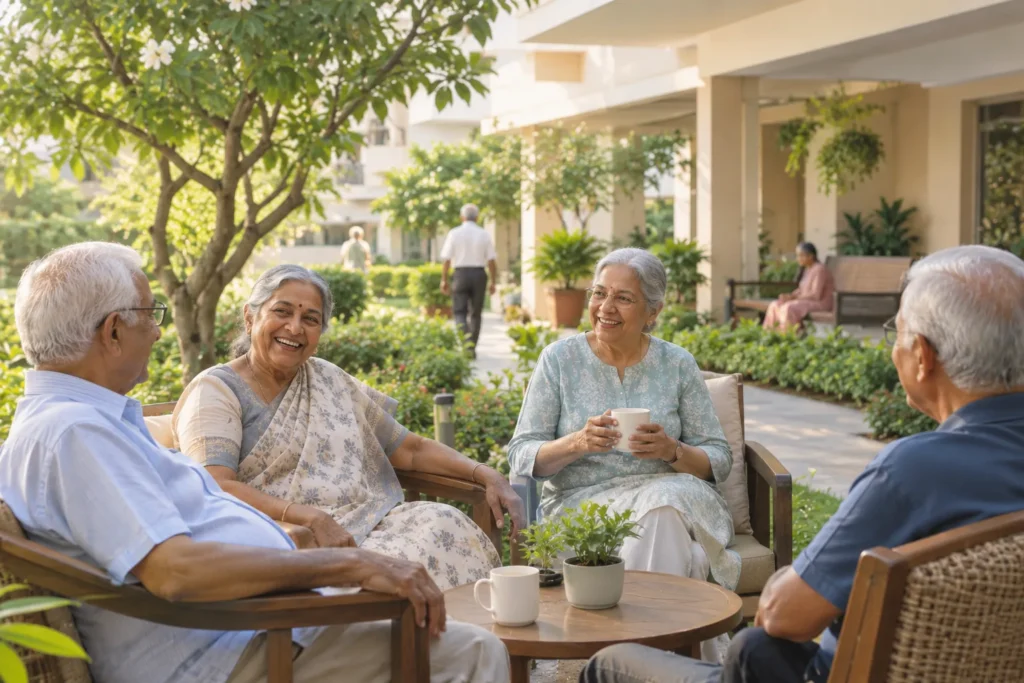 A group of happy senior citizens chatting together on an outdoor garden patio of a modern retirement home.
