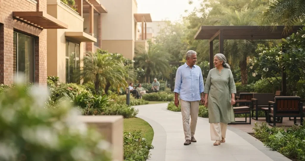 An elderly couple holding hands and walking through the landscaped garden of a modern senior living community in Delhi-NCR.