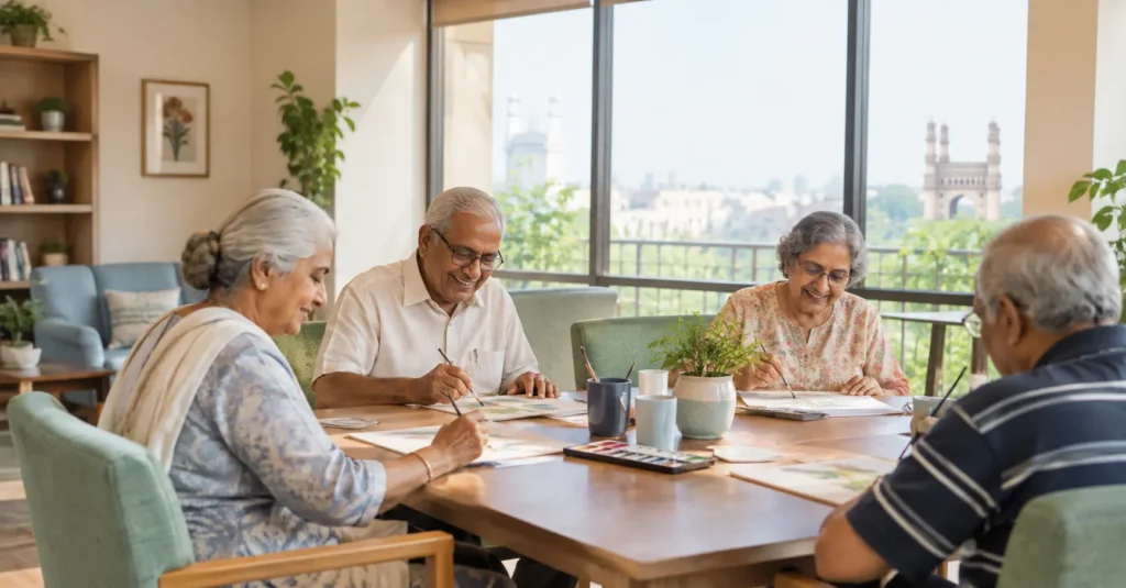 A group of senior citizens relaxing and chatting together in a bright, modern living room at a retirement home in Hyderabad.