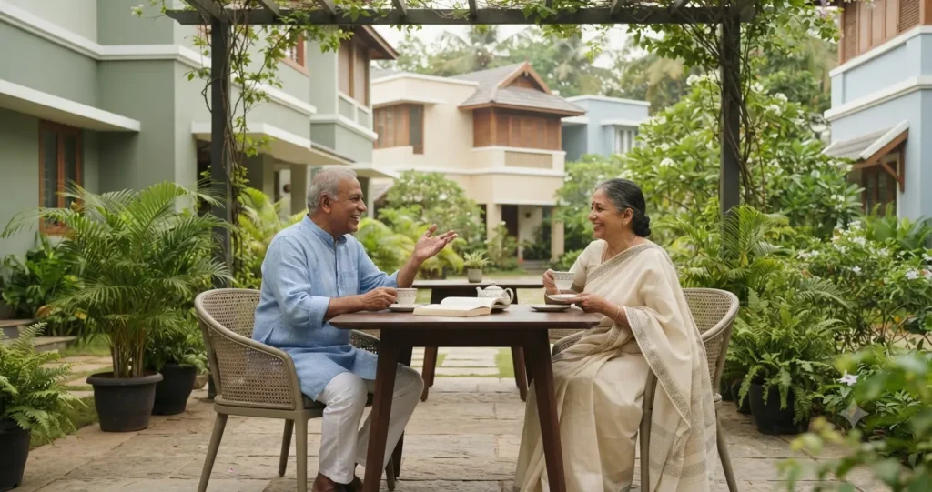 Two elderly residents enjoying hot drinks while seated outside on a balcony overlooking lush greenery at a senior living community.